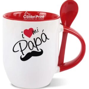 Taza blanca, interior de color rojo /cuchara
