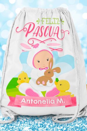 Morralito de pascua niña con pollitos