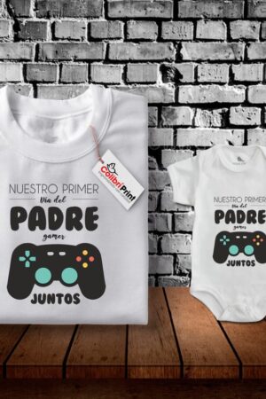 Playera duo papá e hijo, "Nuestro primer día del padre juntos"