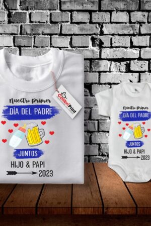 Playera duo papá e hijo, "Nuestro primer día del padre juntos"