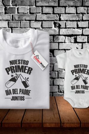 Playera duo papá e hijo, "Nuestro primer día del padre juntos"