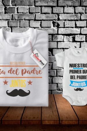 Playera duo papá e hijo, "Nuestro primer día del padre juntos"