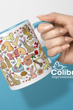 Taza con asa azul e impresión de penes