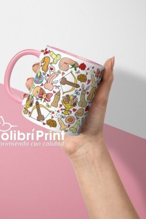 Taza con asa rosa e impresión de penes