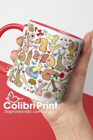 Taza con asa roja e impresión de penes